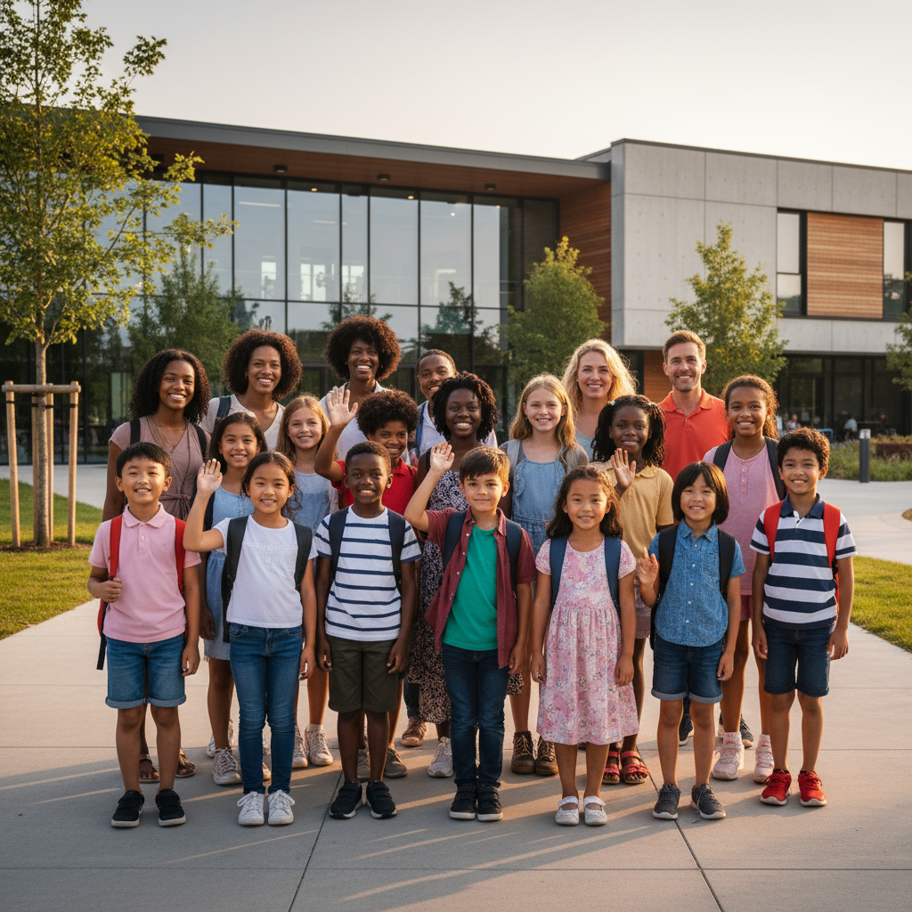 Schulkinder mit Eltern unterschiedlicher Nationailäten schauen in die Kamera