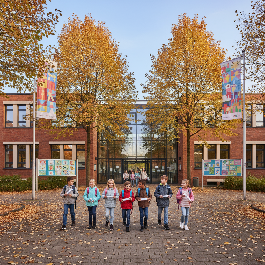 Kinder im Herbst vor der Schule